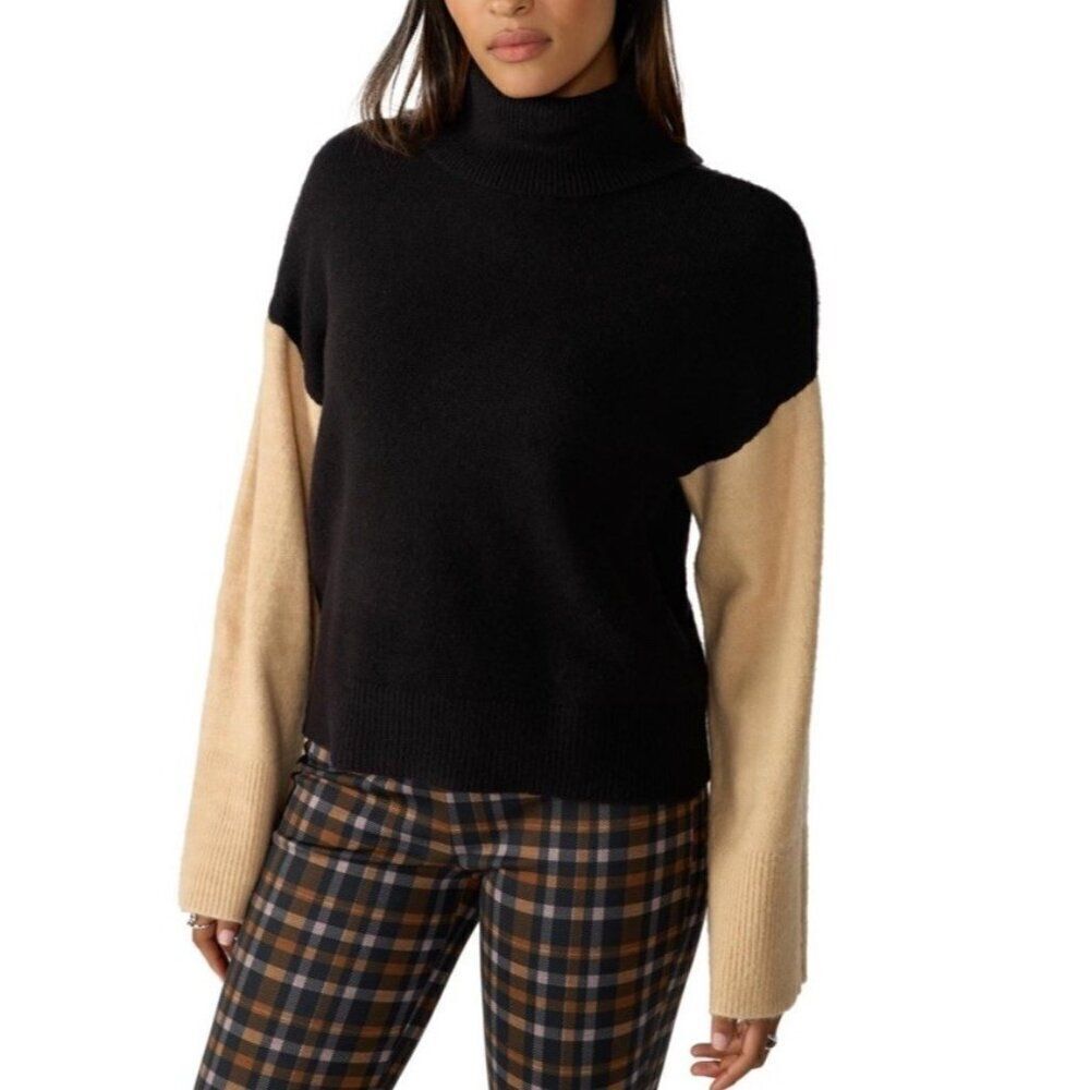 Sanctuary Womens Medium Black Tan Colorblock Long Sleeve Turtleneck Sweater NWT
